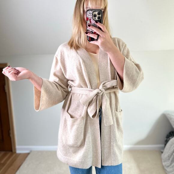 NAADAM: 100% Cashmere Oatmeal Cardigan Tie Sweater - Picture 1 of 9